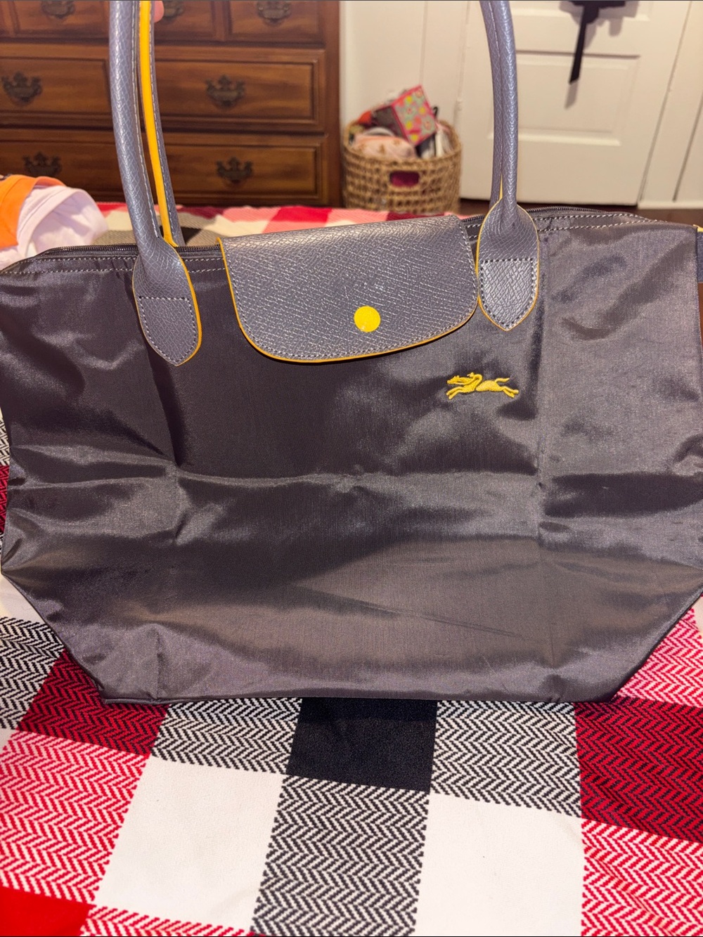 Longchamp Le Pliage Club Large Shoulder Tote - Gunmetal Grey & Neon Yellow